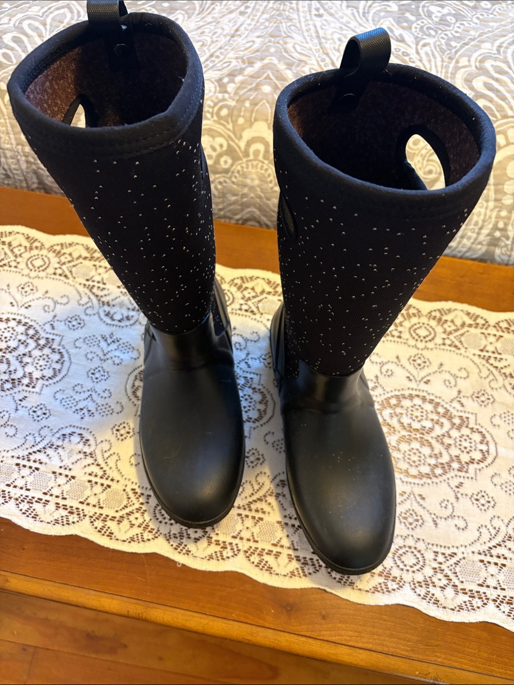 Bogs Black Tall Winter Rain Boots with Sparkle-Dotted Shaft
